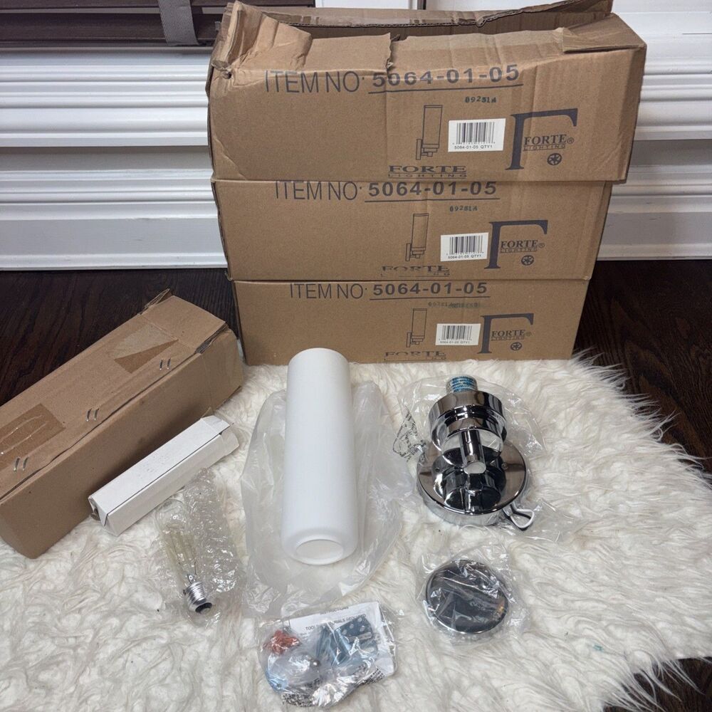 Lot of 3 Forte Lighting 5064-01-05 Chrome Wall Sconces Frosted Glass Shades New